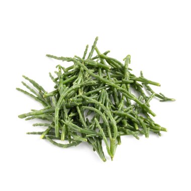 Glasswort Stalks, Bir demet Samphire Beyaz Arkaplanda İzole edilmiş İtalyan Yeşil Salicornia Hasadı, Pickleweed Sebze, Çiğ Organik Vejetaryen İçi Detaylı Yakın Çekim Makro, Yüksek Çözünürlük