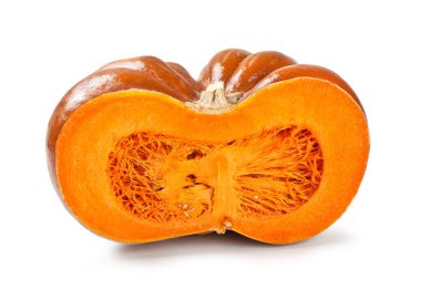 Balkabağı Yarısı, İçi Detaylı Açık Turuncu Balkabağı, Beyaz Arkaplanda İzole edilmiş Tohumlar