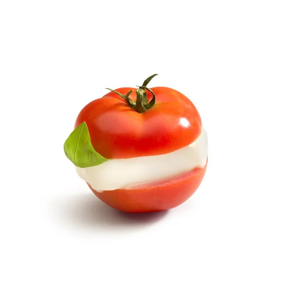 Italian Tomato Mozzarella Cheese Slice Basil Isolated White Background — Stock Photo, Image