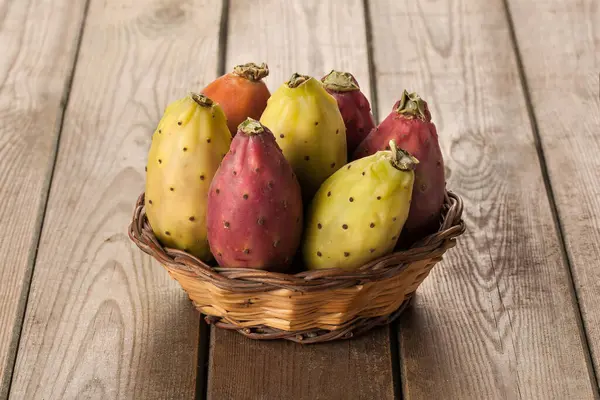 Prickly Pears Wood Basket Sicilian Opuntia Cactus Yellow Red Orange — Stock Photo, Image