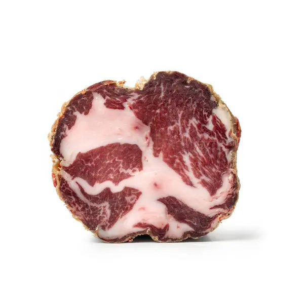 イタリア産豚肉 コッパディスーノネロデネブロディ 白い背景に分離された豚の肩のタイプ — ストック写真