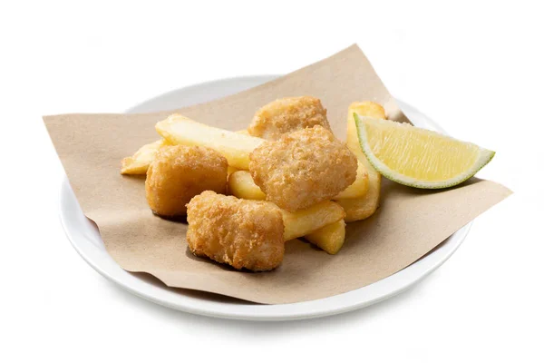 Traditional Fish Chips Slice Lemon Isolated White Background — Stock Photo, Image