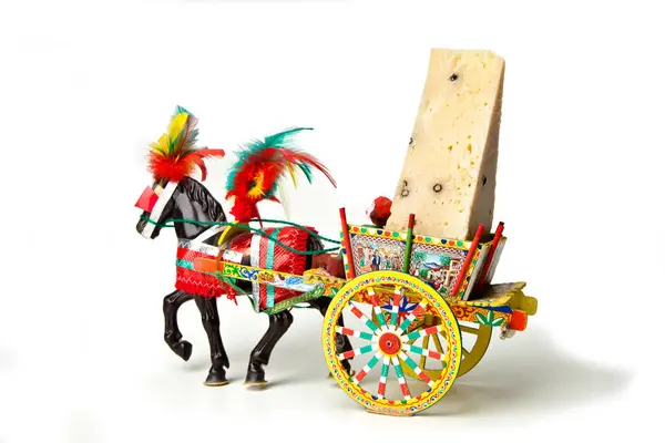 Traditional Sicilian Cart Transporting Piece Typical Sicilian Cheese Isolated White — Stock Photo, Image