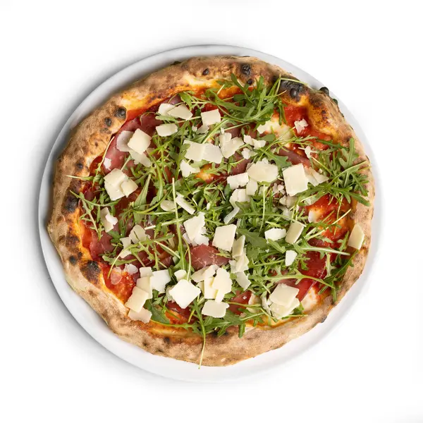Authentische Italienische Pizza Rohschinken Rucola Und Parmesan Draufsicht Isoliert Auf — Stockfoto