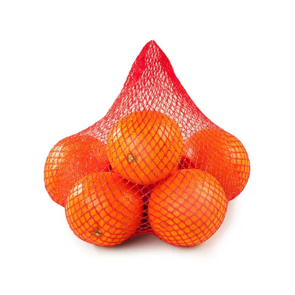 Fresh Oranges Packed Plastic Net Isolated White Background — Stockfoto