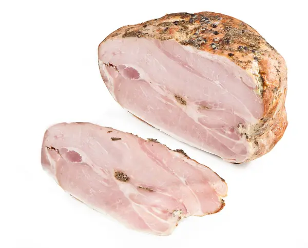 Geroosterde Ham Plak Met Natuurlijke Specerijen Aromatische Kruiden Geïsoleerd Witte — Stockfoto