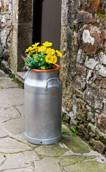 Sütçü kız elinde çiçeklerle caddeyi süslüyor.