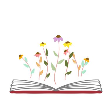 Üzerinde kır çiçekleri olan açık kitap illüstrasyonları