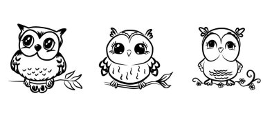 Bir şubede oturan sevimli baykuş seti.