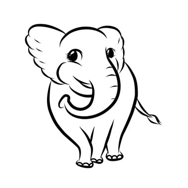 Cute elephant smiling cartoon drawing black outline clipart vector illustration clipart