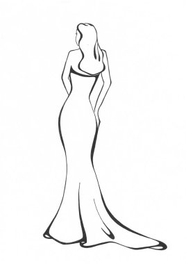 Siyah ve beyaz el çizimi, zemin uzunluğunda, forma uygun bir elbise giymiş, arkada duran bir kadının grafiği.