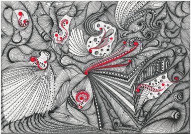 Siyah ve kırmızı eğri çizgileri ve noktaları olan soyut el karalaması