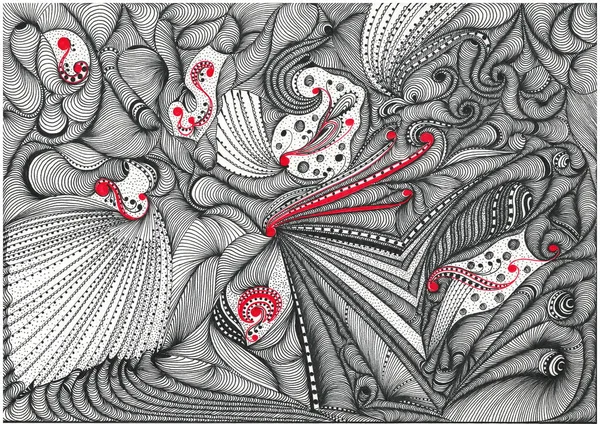 Siyah ve kırmızı eğri çizgileri ve noktaları olan soyut el karalaması