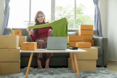 Küçük işletme kuruluşu, KME sahibi, dizüstü bilgisayarlı fatura kutuları üzerinde çalışan kadın girişimci ve müşterilere satılacak kutuları hazırlamak için çevrimiçi siparişleri kontrol eden.