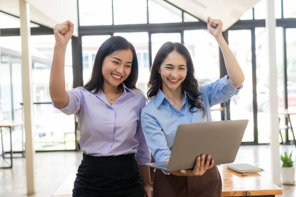 Two Businesswomen Expressed Joy Smiling Faces Raised Hands Showing Joy — Stock Photo, Image