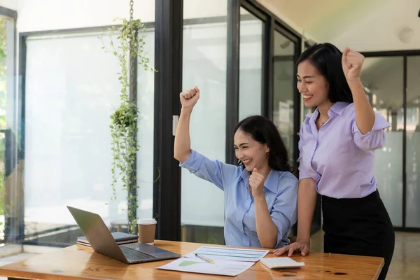 Two Businesswomen Expressed Joy Smiling Faces Raised Hands Showing Joy — Stock Photo, Image