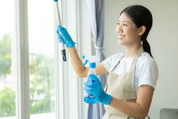 Mujer Asiática Joven Disfrutando Limpieza Primavera Casa Apartamento Tareas Domésticas —  Fotos de Stock