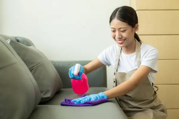 Young Asian Woman Enjoying Spring Cleaning House Apartment Housework Housekeeping — Stock Photo, Image
