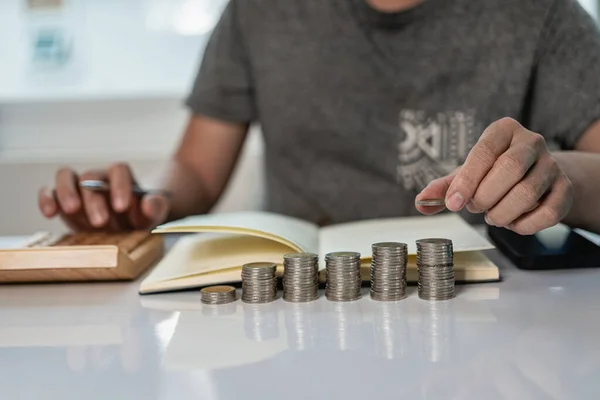 Young Man Pile Coins Plan Increasing Savings Strategy Pile Coins — Stock Photo, Image
