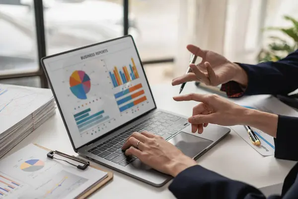 Group Confident Businessmen Pointing Laptops Graphs Charts Analyze Market Data — Stock Photo, Image