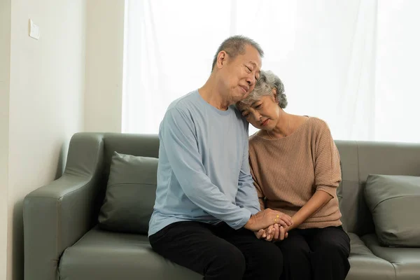 Szczęśliwy Azji Senior Para Siedzi Kanapie Salonie Koncepcja Starzenia Się — Zdjęcie stockowe