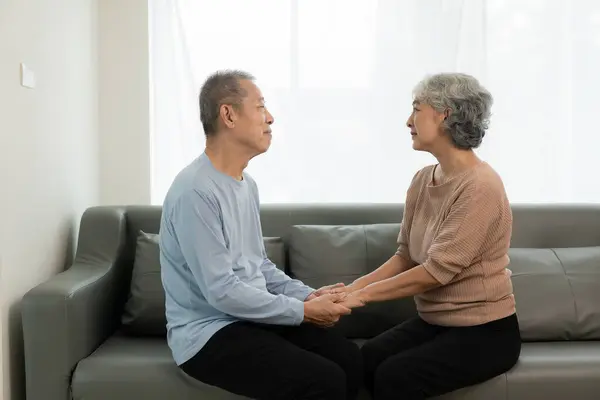 Glada Asiatiska Senior Par Sitter Soffan Vardagsrummet Begreppet Åldrande Samhälle — Stockfoto