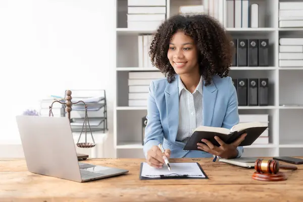 Attractive Young African American Lawyer Working Office Contract Legal Documents — Stock Photo, Image