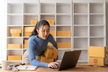 Müşteriyle akıllı telefondan konuşan Asyalı kadın, dizüstü bilgisayar, küçük işletme, e-ticaret ve çevrimiçi alışveriş, küçük ve yeni girişimci, perakende sektörü, KOBİ