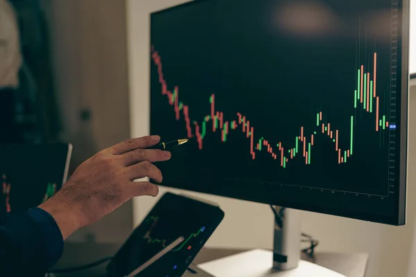 Borsa tablosuna bakan borsa simsarı, yatırım stratejisini analiz ediyor, hisse senedi grafikleri ve göstergelerle monitör ekranı ile çalışıyor, risk kararları almak için çok çalışan insanlar.
