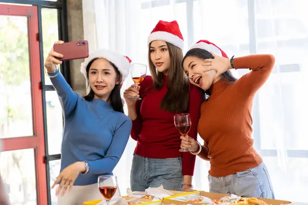 Group Asian Female Friends Party Have Fun Time Together Pizza — Stock Photo, Image