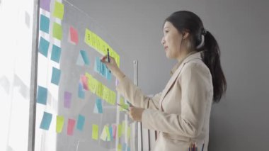 Genç girişimci, Asyalı muhasebeci cam üzerine not tutuyor yaratıcı Asyalı kişi kavramı, iş yerinde genç girişimci