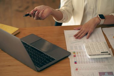 Genç Asyalı iş adamı dizüstü bilgisayarla çalışıyor, grafikleri, şirket bütçe raporlarını, üretim kontrolünü kontrol ediyor. İşletim denetim maliyeti artı fiyat yakın plan resimleri