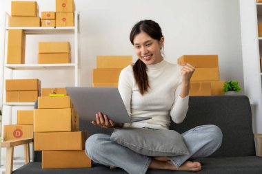 Akıllı telefon ya da dizüstü bilgisayar kullanarak küçük bir işletme kurun ve kutu kutu kutu ürün hazırlamak için online siparişleri kontrol edin. Satılık..