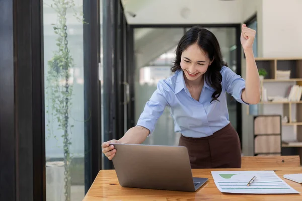 Happy Excited Success Business Asian Woman Wins Office Beautiful Asian — Stock Photo, Image