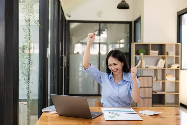 Happy Excited Success Business Asian Woman Wins Office Beautiful Asian — Stock Photo, Image