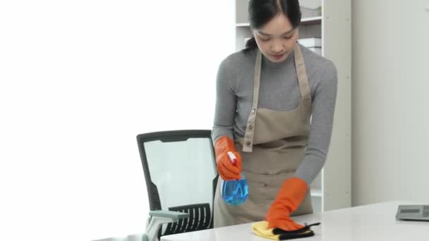 Asiatique Femme Nettoyage Maison Femme Ménage Nettoie Essuie Désordre Dans — Video