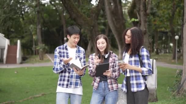 几代聪明的年轻学生正在公园里准备考试 一起看书和使用笔记本电脑教育理念 聪明的学生正在和老师一起上快乐的户外课 — 图库视频影像
