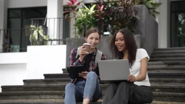 Śmiesznie Uśmiechnięta Młodzież Siedząca Parku Miejskim Przygotowująca Się Egzaminów Świeżym — Wideo stockowe