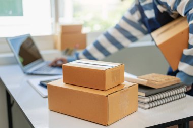  KOBİ Girişim, küçük işletme, kadın girişimci, çalışan, paketleri açan, çevrimiçi olarak kontrol eden KOBİ, uzaklardan gelen çevrimiçi iş fikirleri olan müşterilere satacak kutular hazırlamak için.