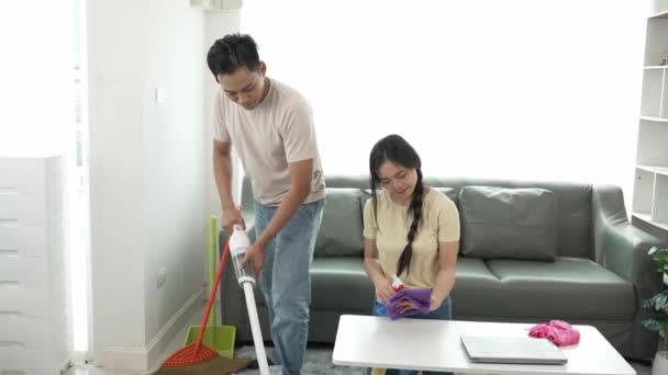 Attractive Young Asian Man Woman Cleaning House Together Happy Family — Stock Video