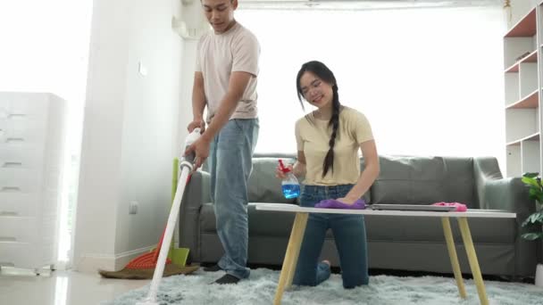 Attractive Young Asian Man Woman Cleaning House Together Happy Family — Stock Video