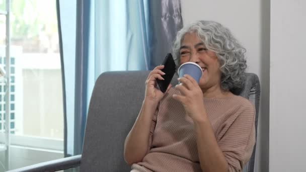 Mulher Idosa Avó Asiática Sentado Sofá Usando Smartphone Móvel Para — Vídeo de Stock