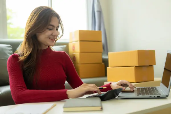 Young Asian Woman Doing Online Shopping Her Store Preparing Parcel Stock Fotó