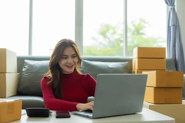 Young Asian Woman Doing Online Shopping Her Store Preparing Parcel Stock Kép