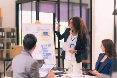 Asyalı başarılı iş adamlarından oluşan bir ekip takım toplantı dakikalarını ve ofis işbirliği fikirlerini sunuyor..