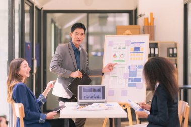 Asyalı başarılı iş adamlarından oluşan bir ekip takım toplantı dakikalarını ve ofis işbirliği fikirlerini sunuyor..