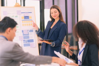 Asyalı başarılı iş adamlarından oluşan bir ekip takım toplantı dakikalarını ve ofis işbirliği fikirlerini sunuyor..