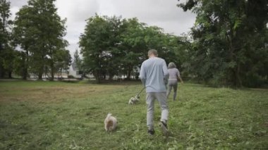 Parkta köpek gezdirme ve egzersiz yapan Asyalı yaşlı çift VDO Siow Hareketi