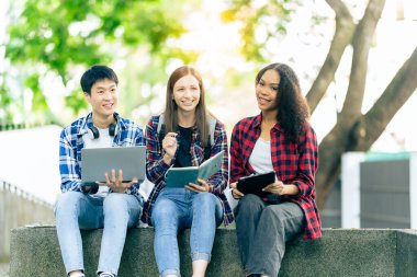 Bir grup Asyalı kız üniversite öğrencisi parkta birlikte konuşuyor ve çalışıyorlar..