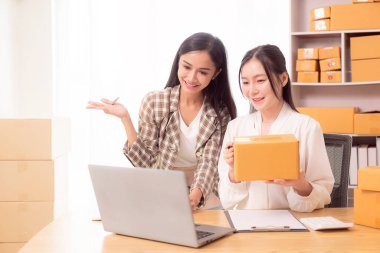 Küçük işletme girişimi, KME sahibi, çevrimiçi siparişleri kontrol eden Asyalı kadın, evde ürün satmak, kutular ve dizüstü bilgisayarlarla çalışmak, serbest çalışan